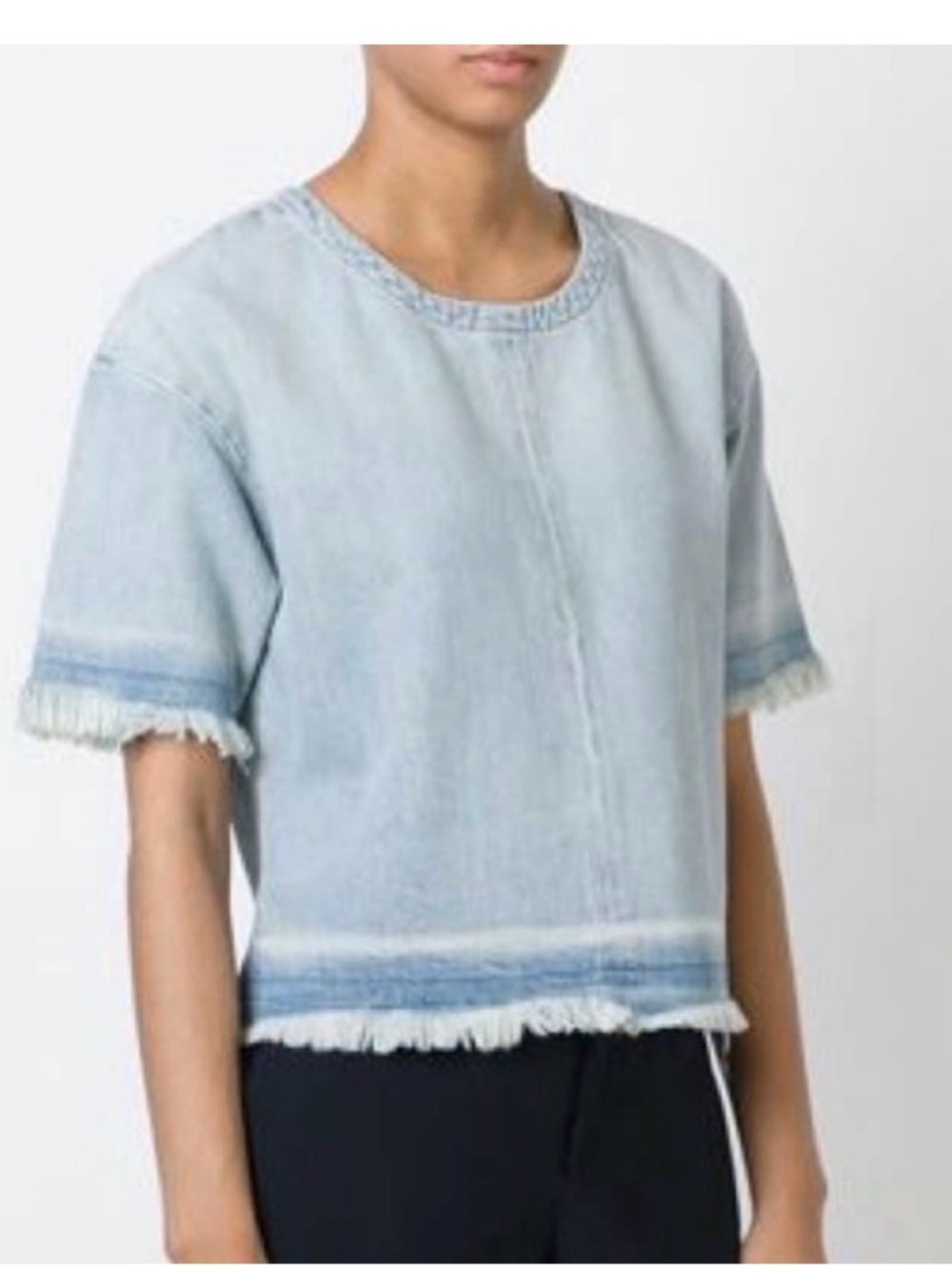 J Brand Pale Blue Denim Fringe Short Sleeve Tee